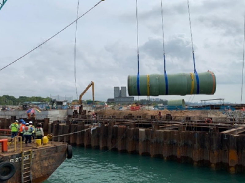 03 Crane Lifting Large Pipeline Section into Cofferdam